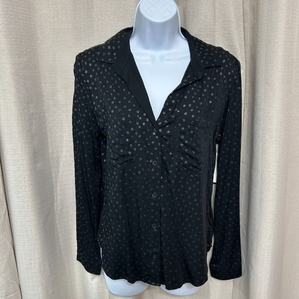 Cloth & Stone V-Neck Polka Dot Long Sleeve Shirt Women's Size Small Black NWT